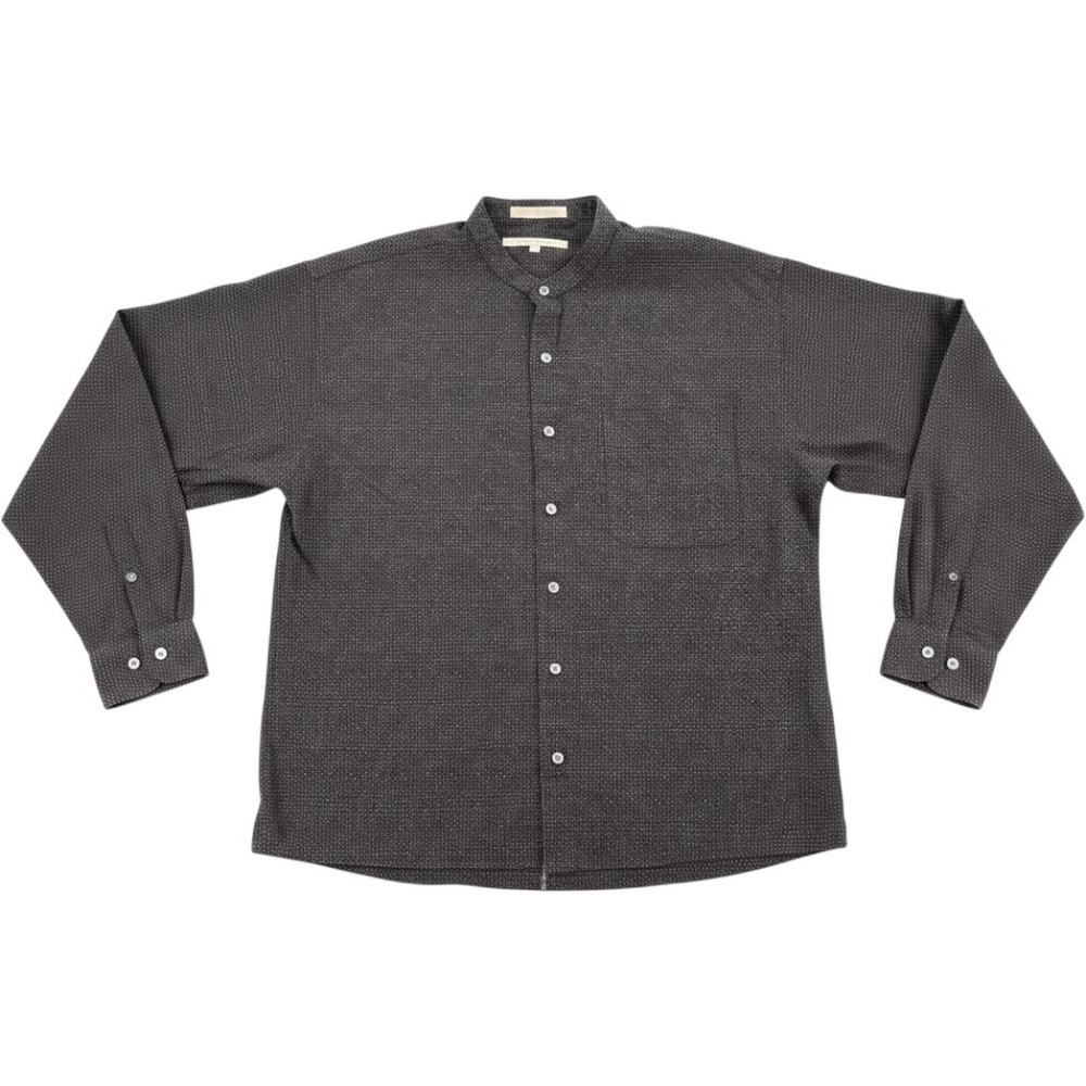 Perry Ellis Shirt Large Banded Collar Button Up Black Dotted Long Sleeve Cotton